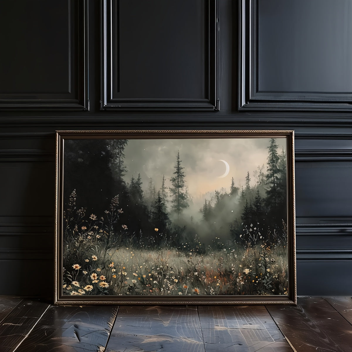 Moody Moonlit Forest Canvas Wall Art, Dark Floral Meadow and Misty Woodland Landscape for Bedroom — artwork and room preview