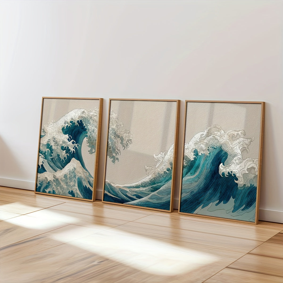 Japanese Ocean Waves Canvas Wall Art Set of 3, Blue Coastal Triptych in a Calm Zen Style — artwork and room preview