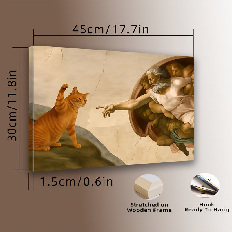 Creation of Adam and the Cat Canvas Wall Art, Whimsical Orange Cat in a Renaissance Parody — artwork and room preview