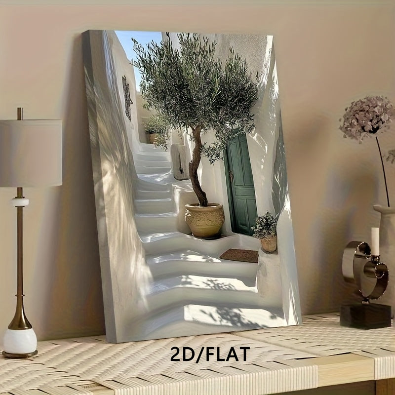 Olive Tree Doorway Canvas Wall Art, Sunlit Mediterranean Steps and Green Botanical Scene for Living Room — artwork and room preview