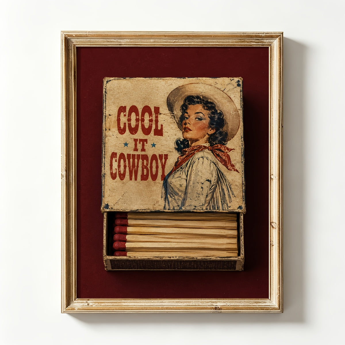 Cool It Cowboy Canvas Wall Art, Vintage Cowgirl Matchbox Print on a Deep Burgundy Background — artwork and room preview