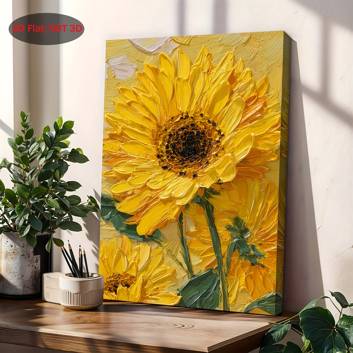 Bright Yellow Sunflower Canvas Wall Art, Large Botanical Petals with a Painterly Texture Effect — artwork and room preview