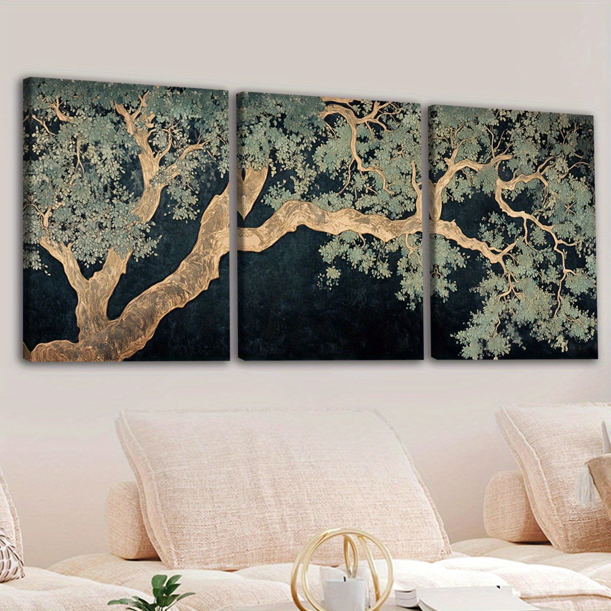 Gold Leaf Tree Canvas Wall Art Set of 3, Spreading Branches on a Dark Botanical Background — artwork and room preview