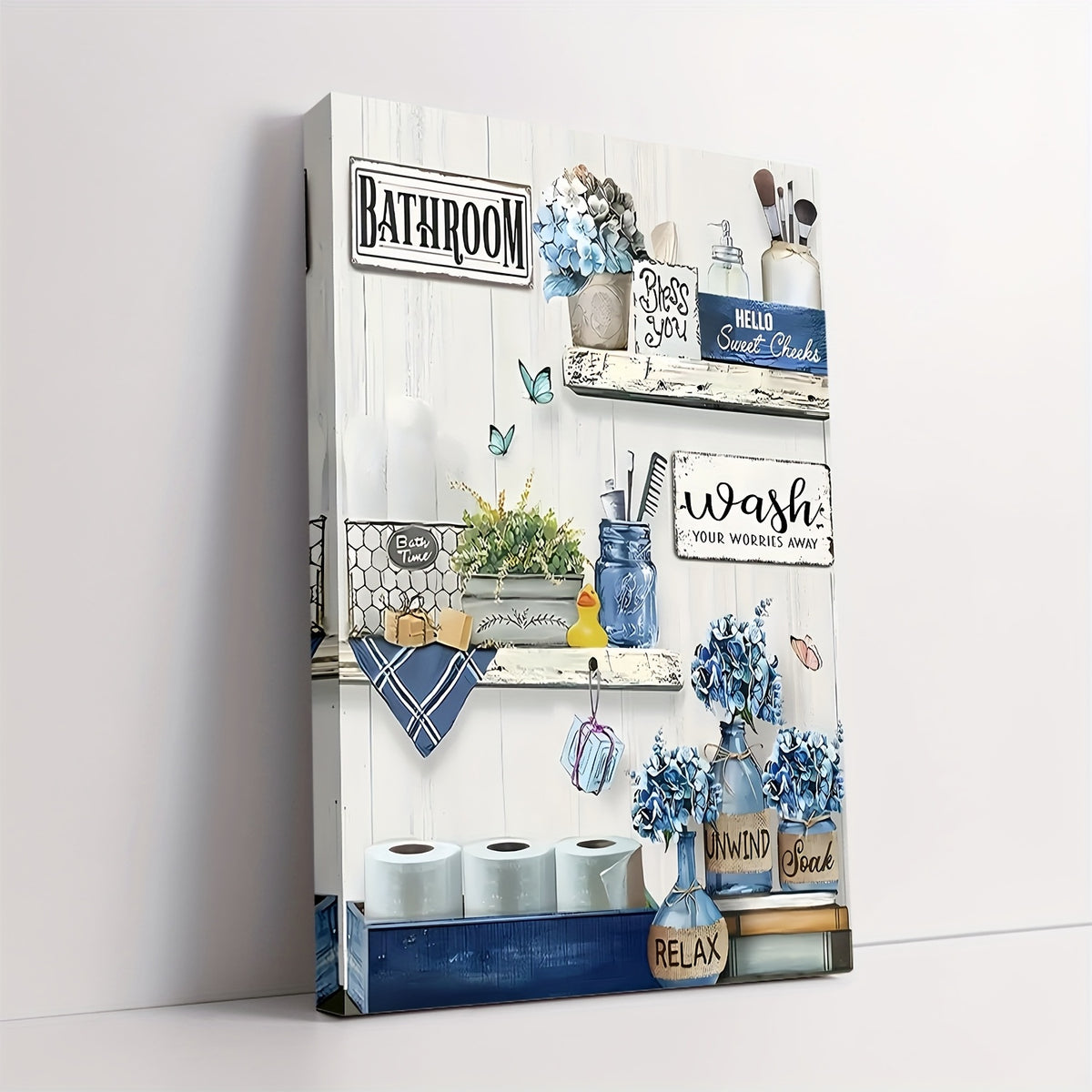 Rustic Blue Bathroom Canvas Wall Art, Floral Shelves Towels and Bottles in Farmhouse Style — artwork and room preview
