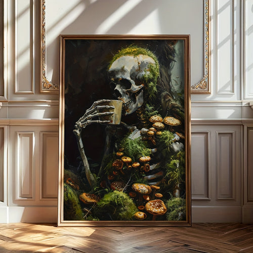Botanical Skeleton Canvas Wall Art, Gothic Skull and Mushrooms Print in Dark Woodland Green Tones — artwork and room preview
