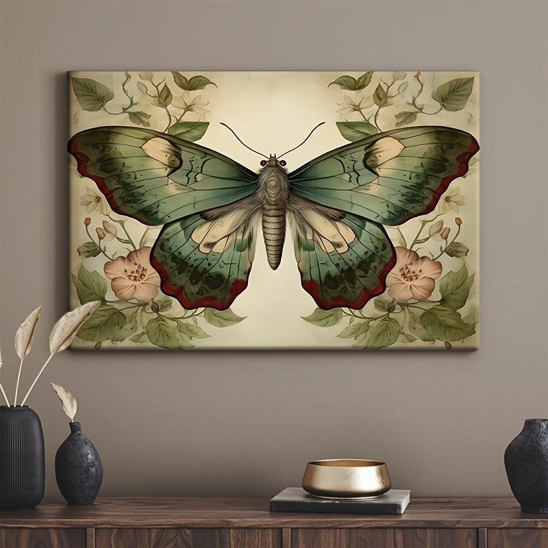 Sage Green Moth Canvas Wall Art, Vintage Botanical Butterfly and Foliage Print for Cottagecore Decor — artwork and room preview