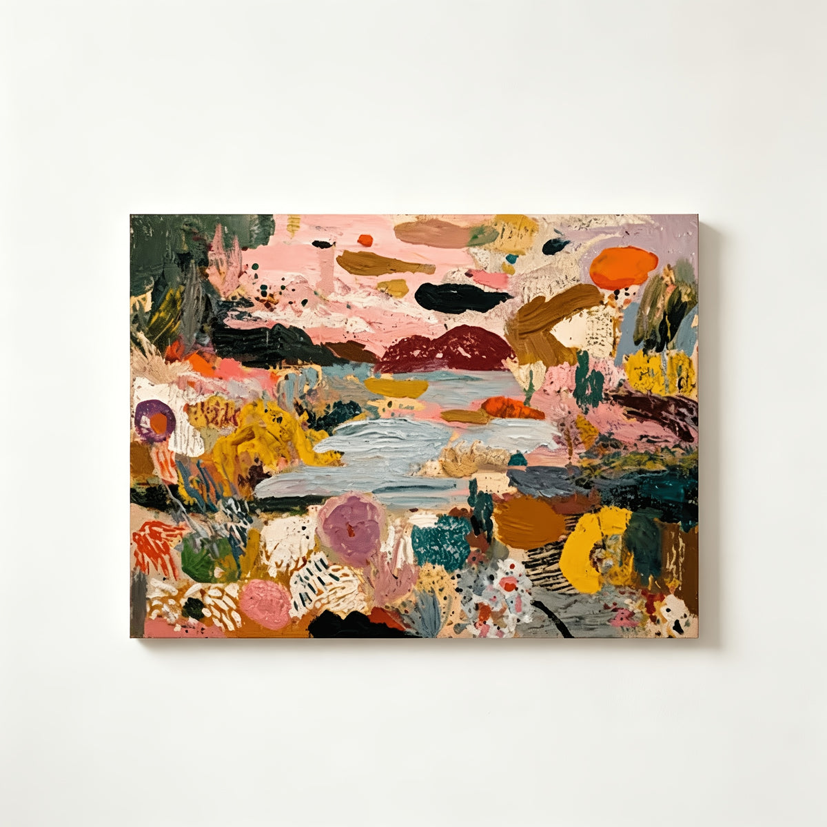 Colorful Abstract Landscape Canvas Wall Art, Expressive Bohemian Shapes in Pink Green and Yellow — artwork and room preview