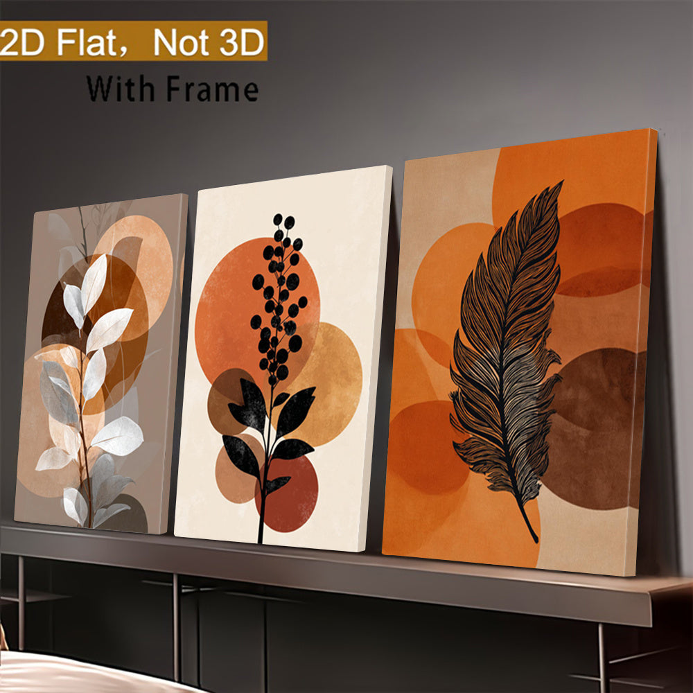 Autumn Botanical Canvas Wall Art Set of 3, Earth Tone Leaves and Terracotta Shapes for Living Room — artwork and room preview