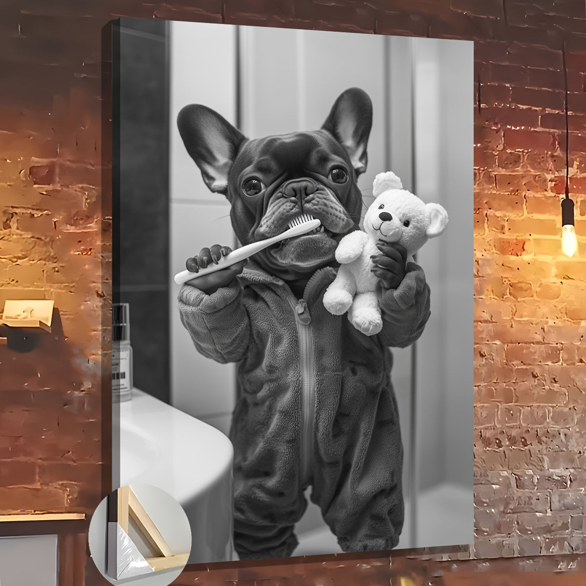 French Bulldog Bathroom Canvas Wall Art, Black and White Dog in Pajamas Brushing Teeth — artwork and room preview