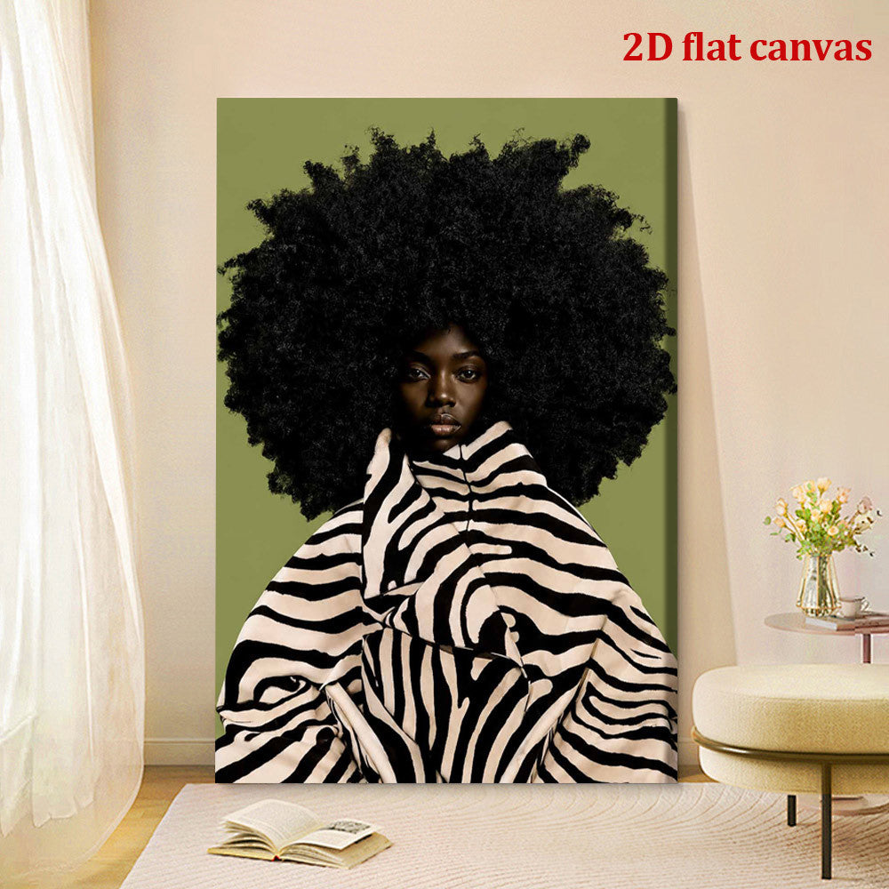 African Woman Canvas Wall Art, Natural Afro and Zebra Stripe Fashion Portrait for Modern Bedroom — artwork and room preview