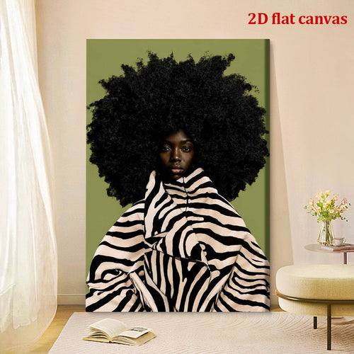 African Woman Canvas Wall Art, Natural Afro and Zebra Stripe Fashion Portrait for Modern Bedroom — artwork and room preview