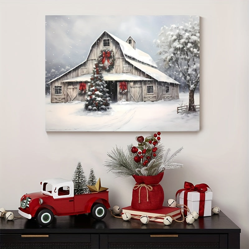 Snowy Christmas Farmhouse Canvas Wall Art, White Barn Wreath and Festive Tree in a Winter Landscape — artwork and room preview