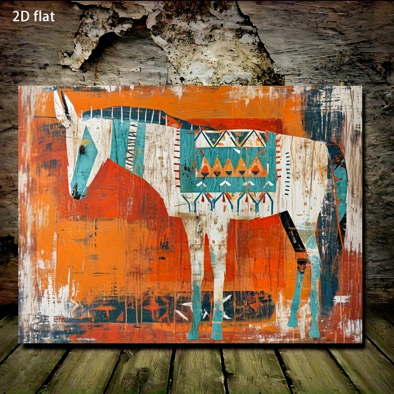 Southwestern Donkey Canvas Wall Art, Colorful Geometric Blanket on Orange in a Rustic Western Style — artwork and room preview