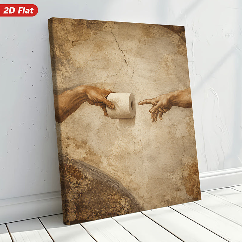 Creation of Toilet Paper Canvas Wall Art, Renaissance Inspired Reaching Hands on Vintage Beige — artwork and room preview