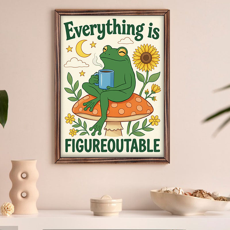 Everything Is Figureoutable Canvas Wall Art, Whimsical Frog Mushroom and Sunflower Inspirational Print — artwork and room preview