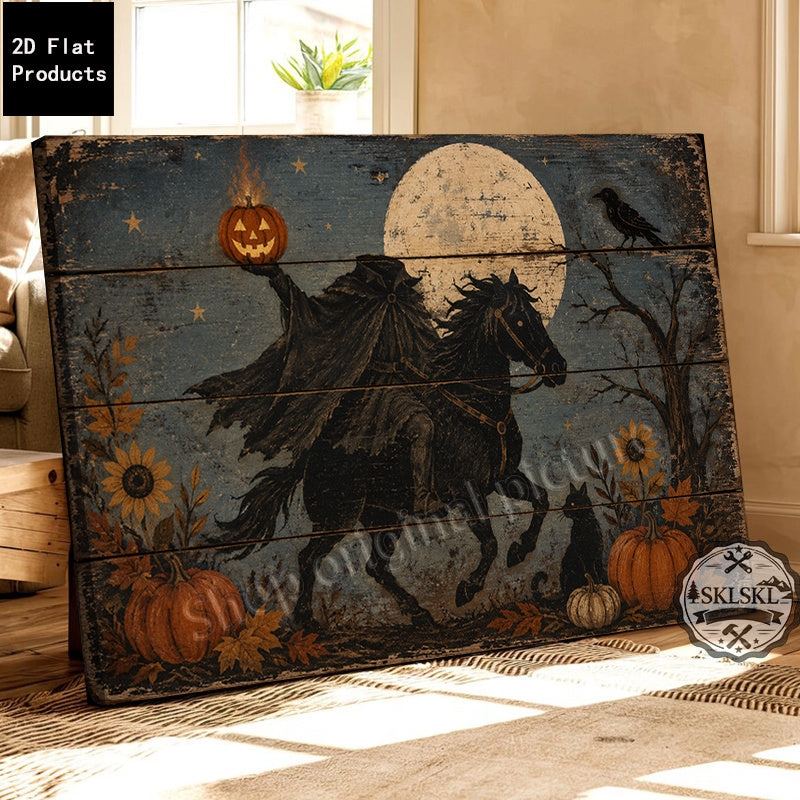 Headless Horseman Canvas Wall Art, Moonlit Halloween Ride with Pumpkins in a Rustic Dark Landscape — artwork and room preview