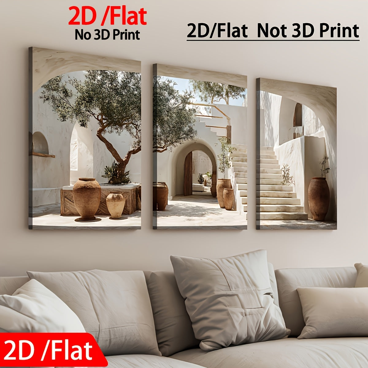 Mediterranean Architecture Canvas Wall Art Set of 3, Olive Tree Arches and Stone Stairs in Warm Neutrals — artwork and room preview