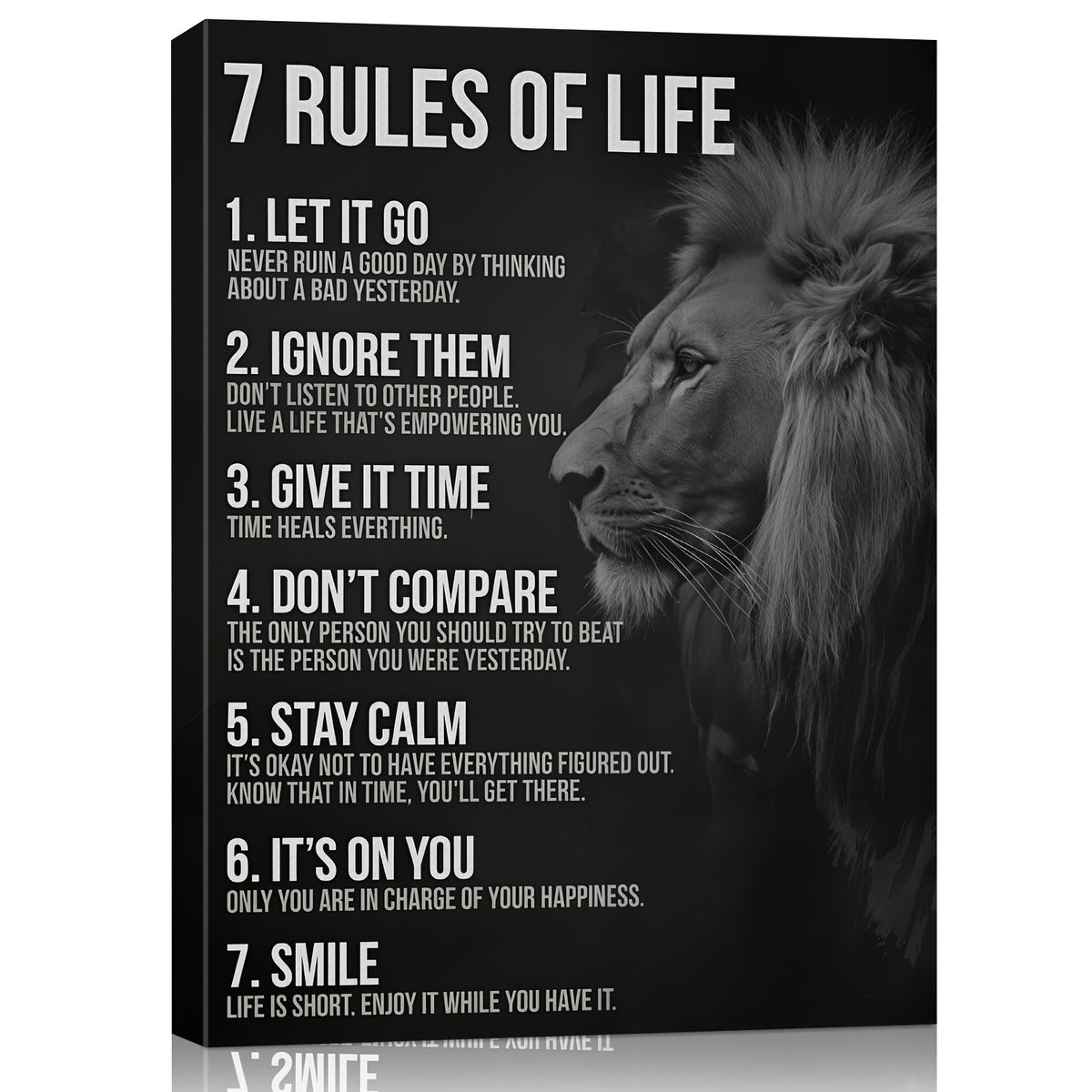 7 Rules of Life Canvas Wall Art, Black and White Lion with Motivational Quotes for Office — artwork and room preview