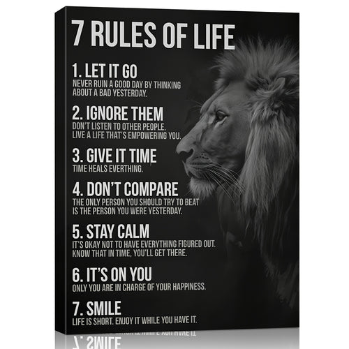 7 Rules of Life Canvas Wall Art, Black and White Lion with Motivational Quotes for Office — artwork and room preview