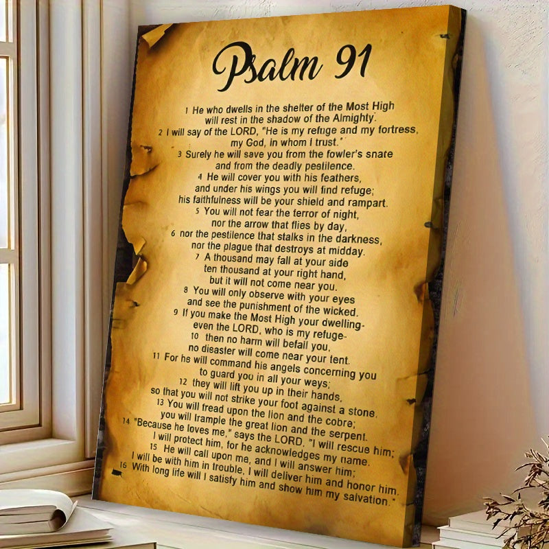 Psalm 91 Canvas Wall Art, Christian Bible Verse on a Vintage Parchment Style Background — artwork and room preview