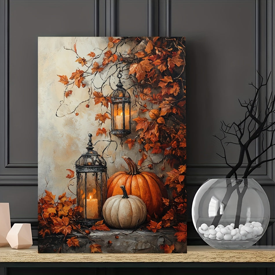Autumn Lantern and Pumpkin Canvas Wall Art, Warm Candlelight and Maple Leaves for Farmhouse Decor — artwork and room preview