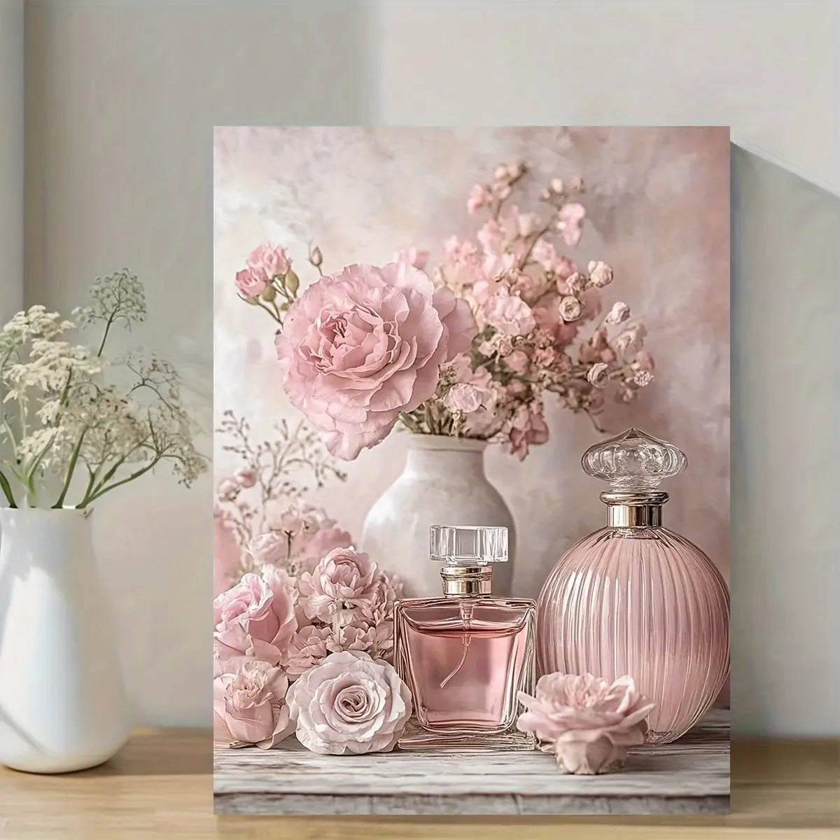 Vintage Pink Roses and Perfume Bottles Canvas Wall Art, Soft Pastel Floral Print for Bedroom — artwork and room preview