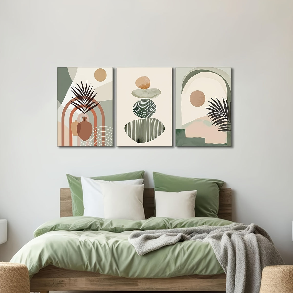Green Boho Canvas Wall Art Set of 3, Abstract Shapes Arches and Botanical Leaves for Bedroom — artwork and room preview