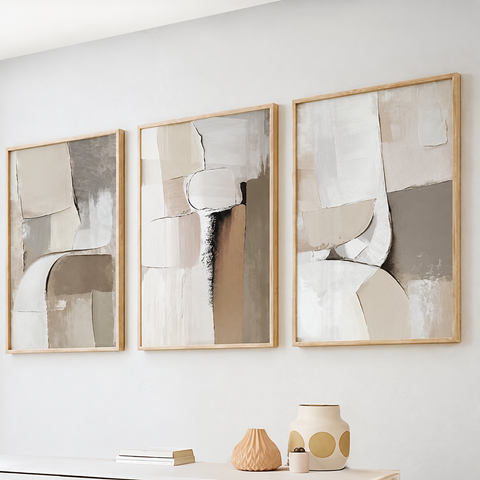 Earth Tone Abstract Canvas Wall Art Set of 3, Nordic Beige Brown and Cream Minimalist Prints — room preview