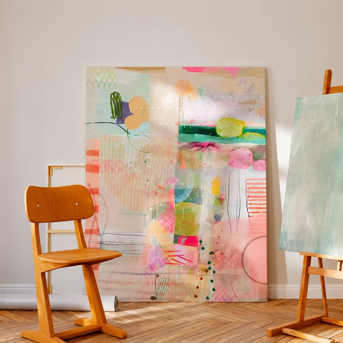 Beige Pink and Green Abstract Canvas Wall Art, Modern Bohemian Color Block and Painterly Print — room preview
