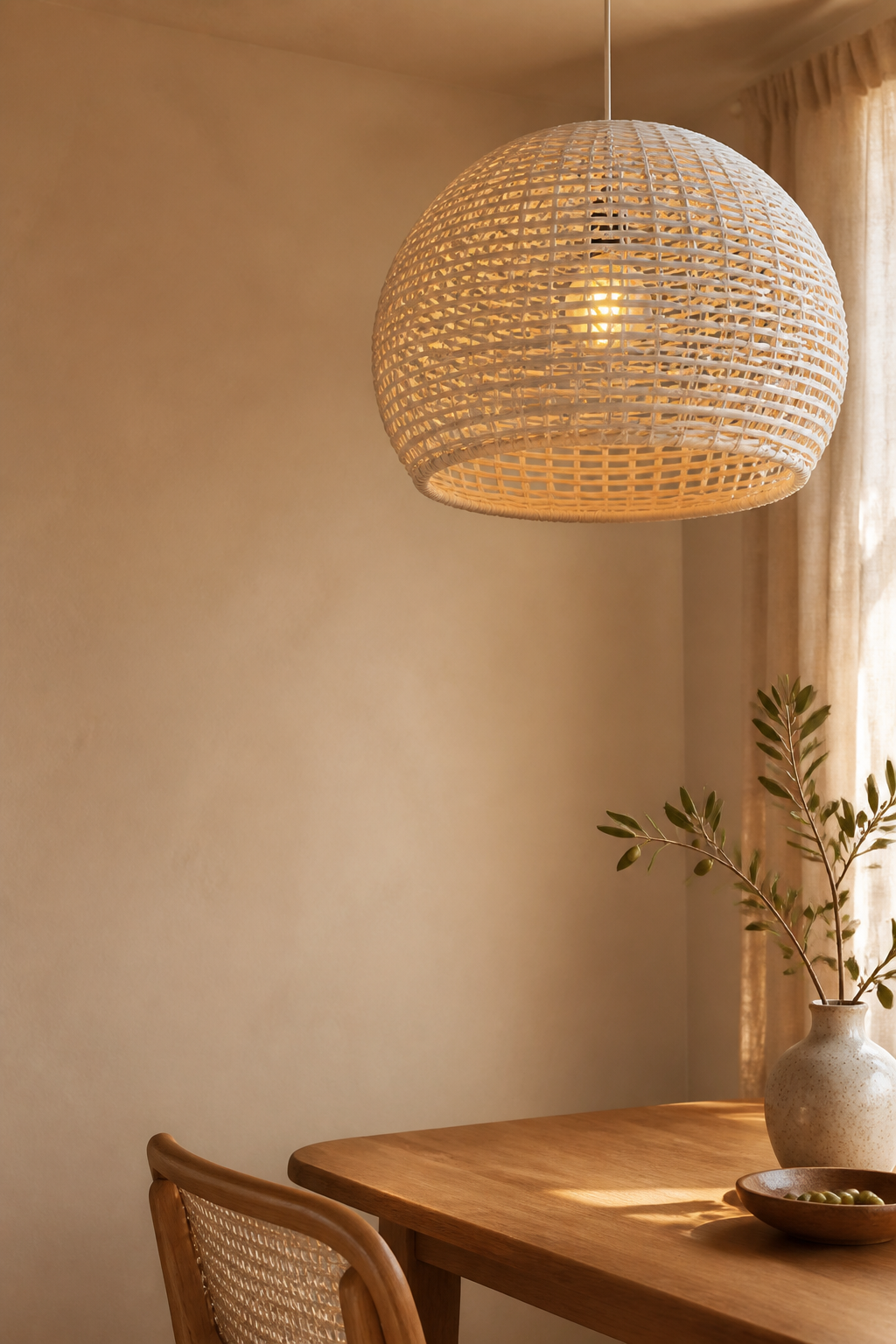 A woven pendant light glowing over a natural wood table