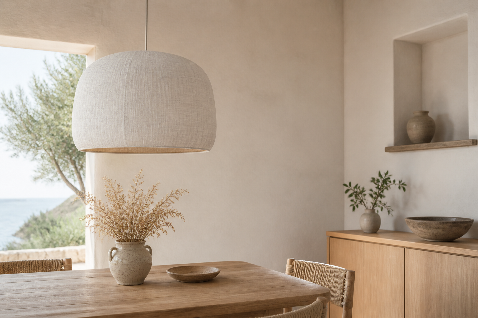 White linen pendant light in a warm natural interior